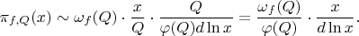 $$ \pi_{f,Q}(x) \sim \omega_f(Q) \cdot \frac{x}{Q} \cdot \frac{Q}{\varphi(Q) d \ln x} = \frac{\omega_f(Q)}{\varphi(Q)} \cdot \frac{x}{d \ln x}. $$