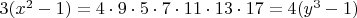 $3(x^2-1)=4\cdot9\cdot5\cdot7\cdot11\cdot13\cdot17=4(y^3-1)$