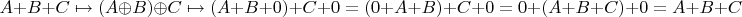 $$A+B+C\mapsto (A\oplus B)\oplus C\mapsto (A+B+0)+C+0 = (0+A+B)+C+0=0+(A+B+C)+0=A+B+C$$