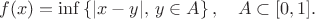 $$
f(x)=\inf\left\{|x-y|,\,y\in A\right\},\quad A\subset [0,1].
$$
