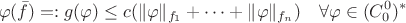 $$ \varphi(\bar f)=:g(\varphi) \leq c (\lVert \varphi \rVert_{f_1} + \dots + \lVert \varphi \rVert_{f_n}) \quad \forall \varphi\in (C_0^0)^*$$