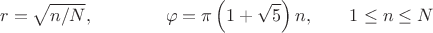 $$r=\sqrt{n/N},\qquad\qquad\varphi=\pi\left(1+\sqrt{5}\right)n,\qquad 1\le n\le N$$