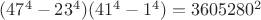 $(47^4-23^4)(41^4-1^4)=3605280^2$