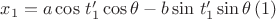 $x_1=a\cos\,t_1'\cos\theta -b\sin\,t_1'\sin\theta\,(1)$ $x_1=a\cos\,t_1'\cos\theta -b\sin\,t_1'\sin\theta\,(1)$