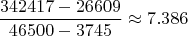 $$\frac{342417-26609}{46500-3745}\approx 7.386$$