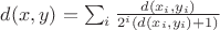 $d(x,y) = \sum_{i} \frac{d(x_i,y_i)}{2^i (d (x_i,y_i) + 1)}$