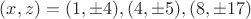 $(x,z)=(1,\pm{4}), (4,\pm{5}), (8,\pm{17})$