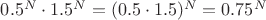 $0.5^N \cdot 1.5^N = (0.5 \cdot 1.5)^N = 0.75^N$