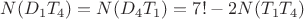 $N(D_1T_4)=N(D_4T_1)=7!-2N(T_1T_4)$