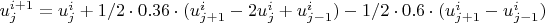 $u_j^{i+1} = u_j^i + 1/2 \cdot 0.36 \cdot (u_{j+1}^i - 2u_j^i + u_{j-1}^i) - 1/2 \cdot 0.6 \cdot(u_{j+1}^i - u_{j-1}^i)$