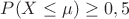 $P(X \leq \mu) \geq 0,5$