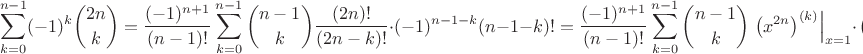 $$\sum\limits_{k=0}^{n-1}(-1)^k\binom{2n}{k}=\frac{(-1)^{n+1}}{(n-1)!}\sum\limits_{k=0}^{n-1}\binom{n-1}{k}\frac{(2n)!}{(2n-k)!}\cdot(-1)^{n-1-k} (n-1-k)!=\frac{(-1)^{n+1}}{(n-1)!}\sum\limits_{k=0}^{n-1}\binom{n-1}{k}\left.\left(x^{2n}\right)^{(k)}\right|_{x=1}\cdot\left.\left(x^{-1}\right)^{(n-1-k)}\right|_{x=1}=$$