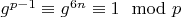 $g^{p-1}\equiv g^{6n}\equiv 1\mod p$