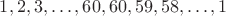 $1,2,3, \dots ,60,60,59,58, \dots ,1$