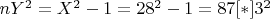 $nY^2 = X^2 - 1= 28^2 -1 =87[*]3^2$