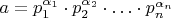 $a=p_1^{\alpha_1}\cdot p_2^{\alpha_2}\cdot\ldots\cdot p_n^{\alpha_n}$