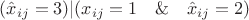 $(\hat{x}_{ij}=3) | (x_{ij}= 1\quad   \&  \quad \hat{x}_{ij}=2)$