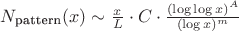 $N_{\text{pattern}}(x) \sim \frac{x}{L} \cdot C \cdot \frac{(\log\log x)^A}{(\log x)^m}$ $N_{\text{pattern}}(x) \sim \frac{x}{L} \cdot C \cdot \frac{(\log\log x)^A}{(\log x)^m}$