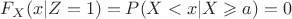 $F_X(x|Z=1)=P(X<x|X\geqslant a)=0$