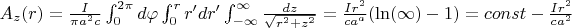 $A_{z}(r) = \frac{I}{\pi a^2 c} \int^{2\pi}_{0}d \varphi \int_{0}^{r}r'dr' \int_{-\infty}^{\infty} \frac{dz}{\sqrt{r^2+z^2}}=\frac{Ir^2}{ca^a}(\ln (\infty) -1)= const - \frac{Ir^2}{ca^2}$