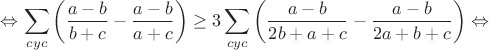 $$\Leftrightarrow\sum_{cyc}\left(\frac{a-b}{b+c}-\frac{a-b}{a+c}\right)\geq3\sum_{cyc}\left(\frac{a-b}{2b+a+c}-\frac{a-b}{2a+b+c}\right)\Leftrightarrow$$