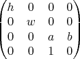 \begin{pmatrix}
h & 0 & 0 & 0\\
0 & w & 0 & 0\\
0 & 0 & a & b\\
0 & 0 & 1 & 0\end{pmatrix}