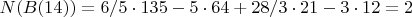 $N(B(14))=6/5\cdot 135-5\cdot 64+28/3\cdot 21-3\cdot 12=2$