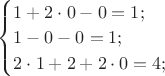 $\begin{cases}
1+2 \cdot 0-0=1;\\
1-0-0=1;\\
2 \cdot 1+2+2 \cdot 0=4;
\end{cases}$