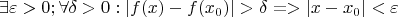 $$\exists\varepsilon>0; \forall\delta>0: |f(x) - f(x_{0})|>\delta =>|x - x_{0}|<\varepsilon$$