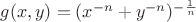 $g(x,y) = ( x^{-n} + y^{-n} )^{-\frac{1}{n}}$