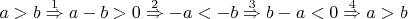 $a>b \overset{1}\Rightarrow a-b>0 \overset{2}\Rightarrow -a<-b \overset{3}\Rightarrow b-a<0 \overset{4}\Rightarrow a>b$