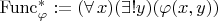 ${\rm Func}_{\varphi}^{*}:= (\forall\,x)(\exists!y) (\varphi(x,y))$
