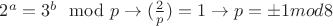 $2^a=3^b\mod p\to (\frac 2p)=1\to p=\pm 1 mod 8$