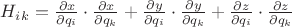 $H_i_k = \frac {\partial x} {\partial q_i} \cdot \frac {\partial x} {\partial q_k} + \frac {\partial y} {\partial q_i} \cdot \frac {\partial y} {\partial q_k} + \frac {\partial z} {\partial q_i} \cdot \frac {\partial z} {\partial q_k}$ $H_i_k = \frac {\partial x} {\partial q_i} \cdot \frac {\partial x} {\partial q_k} + \frac {\partial y} {\partial q_i} \cdot \frac {\partial y} {\partial q_k} + \frac {\partial z} {\partial q_i} \cdot \frac {\partial z} {\partial q_k}$