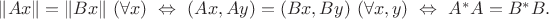 $\|Ax\|=\|Bx\|\ (\forall x)\ \Leftrightarrow\ (Ax,Ay)=(Bx,By)\ (\forall x,y)\ \Leftrightarrow\ A^*A=B^*B.$