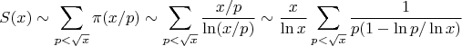$$S(x) \sim \sum_{p < \sqrt{x}} \pi (x / p) \sim \sum_{p < \sqrt{x}} \frac{x/p}{\ln (x/p)} \sim \frac{x}{\ln x} \sum_{p < \sqrt{x}} \frac{1}{p(1 - \ln p / \ln x)}$$