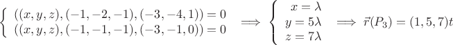 $$ \left\{
\begin{array}{rcl}
\left( (x,y,z), (-1,-2,-1), (-3,-4,1) \right) = 0 \\
\left( (x,y,z), (-1,-1,-1), (-3,-1,0) \right) = 0 \\
\end{array}
\right. \implies \left\{
\begin{array}{rcl}
x = \lambda \\
y = 5\lambda \\
z = 7\lambda \\
\end{array}
\right. \implies \vec{r}(P_3)=(1,5,7)t$$