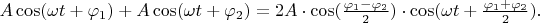 $A\cos(\omega t+\varphi_1)+A\cos(\omega t+\varphi_2)=2A\cdot\cos(\frac{\varphi_1-\varphi_2}{2})\cdot\cos(\omega t+\frac{\varphi_1+\varphi_2}{2}).$