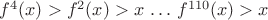 $f^4(x)>f^2(x)>x \, \dots \, f^{110}(x)>x$