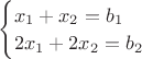 $\begin{equation*}
\begin{cases}
x_1 + x_2 = b_1
\\
2x_1+ 2x_2 = b_2
\end{cases}
\end{equation*}$ $\begin{equation*}
\begin{cases}
x_1 + x_2 = b_1
\\
2x_1+ 2x_2 = b_2
\end{cases}
\end{equation*}$