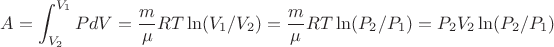 $$
A=\int_{V_2}^{V_1} P dV = \frac{m}{\mu} RT \ln(V_1/V_2) =  \frac{m}{\mu} RT \ln(P_2/P_1) = P_2V_2 \ln(P_2/P_1)
$$