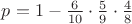 $p=1-\frac{6}{10}\cdot \frac{5}{9}\cdot\frac{4}{8}$ $p=1-\frac{6}{10}\cdot \frac{5}{9}\cdot\frac{4}{8}$