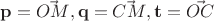 $\mathbf p=\vec{OM}, \mathbf q=\vec{CM}, \mathbf t=\vec{OC}$