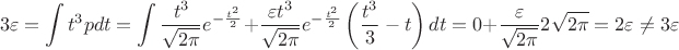 $$3\varepsilon=\int t^3pdt=\int\frac{t^3}{\sqrt{2\pi}}e^{-\frac{t^2}{2}}+\frac{\varepsilon t^3}{\sqrt{2\pi}} e^{-\frac{t^2}{2}}\left(\frac{t^3}{3}-t\right)dt=0+\frac{\varepsilon}{\sqrt{2\pi}}2\sqrt{2\pi}=2\varepsilon\neq3\varepsilon$$