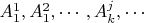 $A_1^1, A_1^2, \cdots, A_k^j,  \cdots$