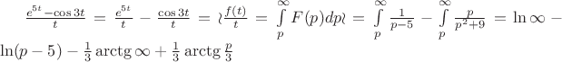 $\frac{e^{5t}-\cos3t}{t} = \frac{e^{5t}}{t}-\frac{\cos3t}{t}=\wr \frac{f(t)}{t}=\int\limits_{p}^{\infty} F(p)dp \wr = \int\limits_{p}^{\infty} \frac{1}{p-5} - \int\limits_{p}^{\infty} \frac{p}{p^2+9} = \ln {\infty} - \ln(p-5) - \frac{1}{3} \arctg{\infty} + \frac{1}{3} \arctg\frac{p}{3}$