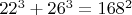 $22^3+26^3=168^2$