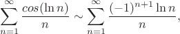 $$\sum_{n=1}^{\infty}{\frac{cos(\ln n)}{n}} \sim \sum_{n=1}^{\infty}{\frac{(-1)^{n+1}\ln n}{n}},$$