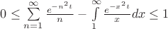 $0\le \sum\limits_{n=1}^{\infty}\frac{e^{-n^2t}}{n}-\int\limits_{1}^{\infty}\frac{e^{-x^2t}}{x}dx\le1$