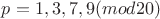 $p=1,3,7,9(mod20)$